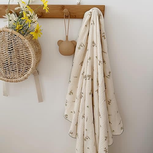 BuLuTu Gray Rabbit Pattern Cotton Muslin Toddler Blanket Large Crib Quilt Soft Breathable Toddler Bed Blankets Baby Boys Girls Swaddle Blankets, All Seasons, 47"x51"