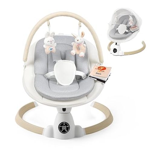 Baby Swing for Infants, Portable Electric Baby Swings with Bluetooth, 5 Swing Speed, 10 Lullabies, 5-Point Harness, Remote Control & Touch Panel - Infant Swing for Indoor & Outdoor Use, Wood Grain