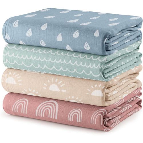 Muslin Swaddle Blankets Neutral Receiving Blanket for Boys and Girls by Comfy Cubs Cubs (Sun, Rainbow, Rain, Doodle)