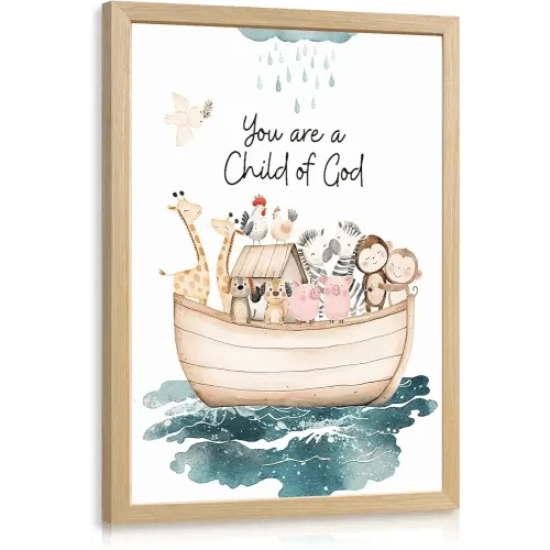 Clicyre Noah Ark Christian Wall Art, You Are a Child of God Scripture Canvas Print, Guardian Animal Wall Decor, Biblical Bible Verse Artwork for Baby Nursery Kids Room Wood Framed 12x16 Inch