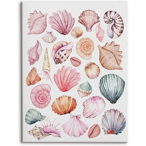 HRQKO Coastal Preppy Beach Canvas Wall Art, Colorful Preppy Beach Seashell Framed Art, Beachy Room Decor, Pink Beachy Wall Decor for Home Bedroom Living Room Office, 11x14 inch