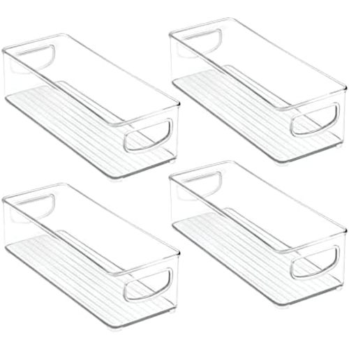 mDesign Small Plastic Office Storage Container Bins with Handles for Organization in Filing Cabinet, Closet Shelf, or Desk Drawers, Organizer for Notes, Pens, Pencils, Ligne Collection, 4 Pack - Clear