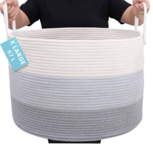 OrganiHaus Large Woven Storage Basket for Blankets and Toys 20" x 13" Inch, Rope Laundry Basket with Handles, Cushions & Pillows Storage Bin, Nursery Hamper, Soft Round Dog Toy Bin - Gray