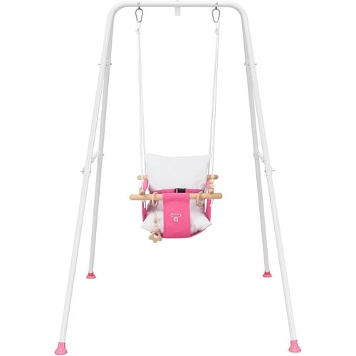 Baby Swing with Stand, Swing Set for Infant, Outdoor Indoor Swing Set with Canvas Cushion Seat (Pink)