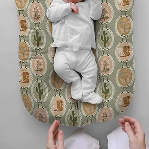HawSkgFub Retro Boho Western Cowgirl Baby Lounger Cover, Vintage Bow Cactus Boots Newborn Girl Nap Pillow Covers Shower Gift, Soft Breathable Snuggle Fit Infant Nest Slipcover, Cover Only