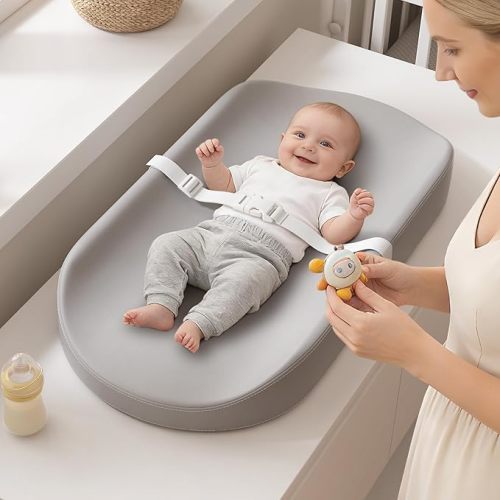 YACODAVO Baby Changing Pad with Vegan Leather Cover, Waterproof & Wipe-Clean Changing Pad for Toddler, Flat Foam Travel Diaper Changing Pad for Dresser and Table, Grey