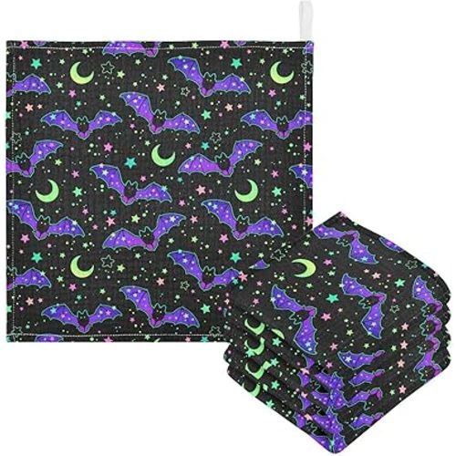 Halloween Bats Moon Baby Washcloths Newborn Muslin Burp Cloths 3 Pack Soft Cotton Baby Face Bath Towel Drool Bibs for Infants, Girls and Boys 11.8 x 11.8 Inch