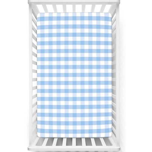 Checkered Themed Fitted Mini Crib Sheets,Portable Mini Crib Sheets Toddler Bed Mattress Sheets-Crib Mattress Sheet or Toddler Bed Sheet, 24“ x38“,Pale Blue White
