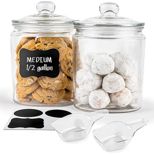 KooK Glass Storage Containers with Lids, 1/2 Gallon, Set of 2, Glass Kitchen Jars, Food & Cookie Storage Containers for Pantry, Bathroom Apothecary Canisters, Dishwasher Safe, Chalk, Label, Scoops