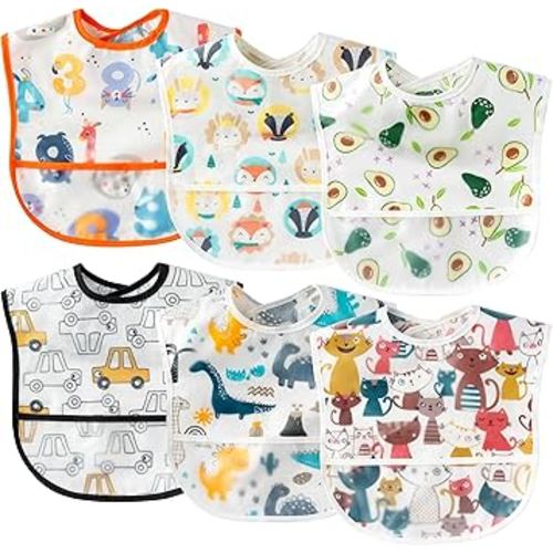 6 Pcs Baby Feeding Bibs Toddler Waterproof Bib Set with Crumb Catcher Pocket Infant Adjustable Baby Teething Bib Babies Food Bibs Keepsake Gift for Baby Shower Christmas New Year, 6-12 Months