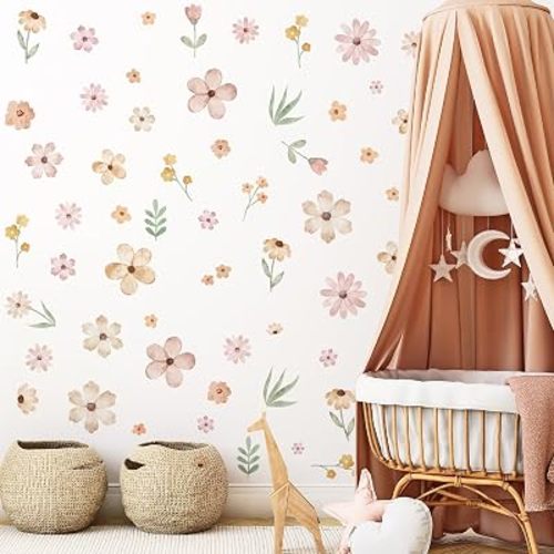Boho Flower Wall Decals, Pink Watercolor Floral Art Sticker for Girls' Room, Bedroom, Nursery and DIY Cute Wall Decor (Cute Wildflower Decals)