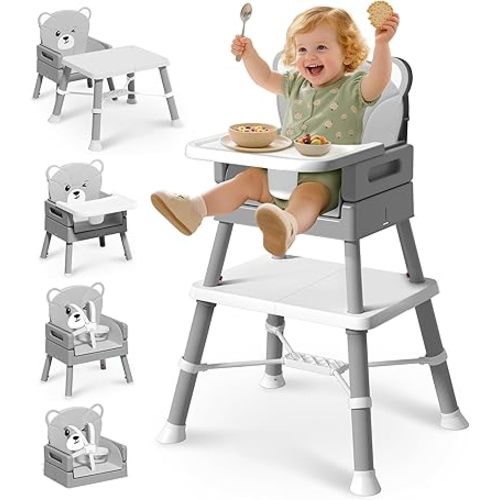 AVIDOR 6-in-1 Convertible High Chairs for Babies and Toddlers, Baby High Chair 6-36 Months (33 lbs) with Cute Bear Cushion, Removable Tray, 5-Point Safety Harness, Easy Clean (Grey)