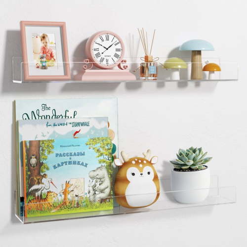 24" Acrylic Shelves for Wall,5MM Thick Sturdy Clear Floating Shelves,Wall Bookshelf Perfume Rack for Bathroom, Living Room, Bedroom, Kitchen,2Pcs