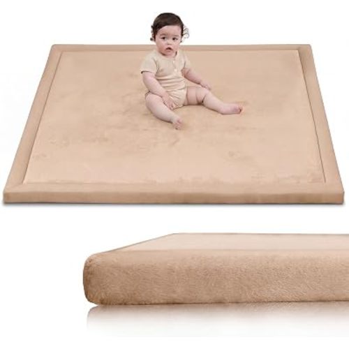 Huloo Sleep Ultra Soft Baby Play Mat for Floor, 1.3" Thick Elasti-Foam 59x59 Play Mat for Playpen,Water-Repellent Coral Velvet for Tummy Time, Non-Slip Backing,Safe for Toddlers & Infants(Light Brown)