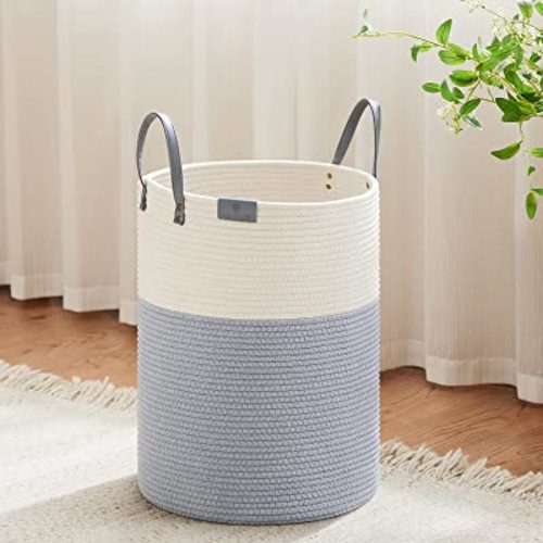VIPOSCO Small Laundry Basket, Slim Baby Hamper with Leather Handle, Cute Woven Rope Storage Basket for Blanket, Kids Toy, Clothes In Living Room, Bathroom, Bedroom, Nursery Room - 30L Grey & White