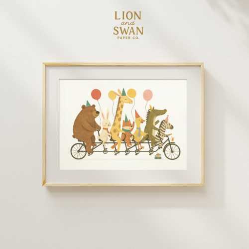 Woodland Animal Nursery Print - Whimsical Bear Giraffe Bunny on Bicycle, Woodland Kids Wall Decor, Baby Kids Room Digital Download Art