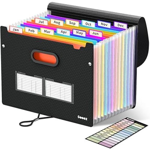 Sooez Upgraded Accordion File Organizer, Expanding File Folder with Deeper 12 Pockets - Never Cover Up Index Tabs, Monthly Bill Paper Receipt Document Organizer, Letter A4 Size for Home Office School