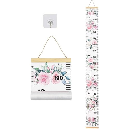 Baby Growth Chart, Height Wall Chart for Kids, Wooden Frame Canvas Measurement Hanging Ruler for Child’s Room Decoration 79 x 7.9in(Flower)