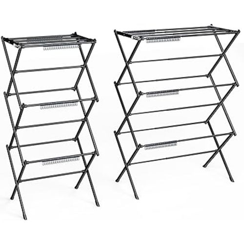 3 Tier Drying Rack Clothing,Foldable & Portable Clothes Drying Rack,Space-Saving Design, Indoor & Outdoor Laundry Rack for Drying Clothes,Metal Drying Rack,Pure Black