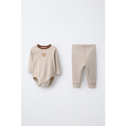 STRIPED EMBROIDERED BODYSUIT AND LEGGINGS SET - Brown | ZARA United States