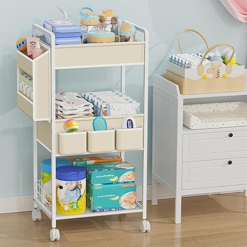 3-Tier Rolling Diaper Caddy Organizer with Dividers & Wheels, Large Capacity Detachable Mobile Storage Diaper Cart for Nursery, Bedroom, Changing Table, Crib, Baby Essentials