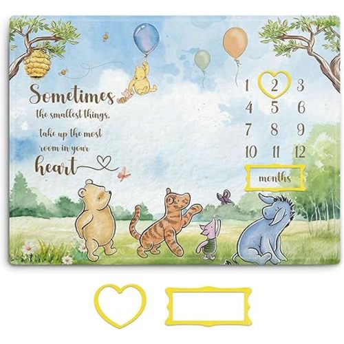 Winnie Milestone Blanket for Baby, The Pooh Babies Monthly Blanket, Classic Winnie Baby Growth Blankets with Photo Tools, Winnie Quotes Sometimes The Smallest Things Milestone Blankets