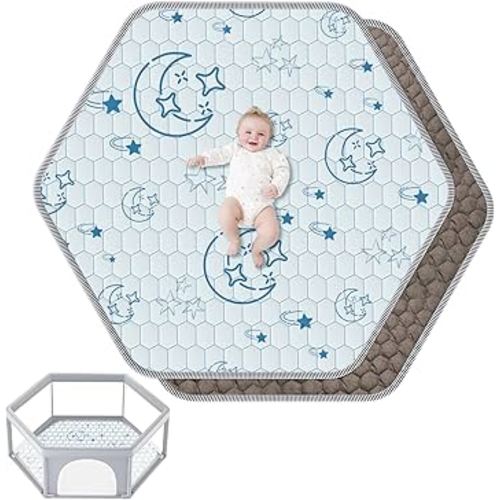 Hexagon Baby Play Mat 52x45in: Thick & Soft Cushioned Padded Hexagon Playpen Mat for Babies Toddlers & Infant - Non-Slip Silicon Dot Baby Crawling Mat - Foldable & Machine Washable Baby Floor Mat
