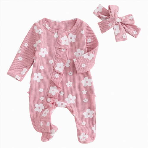 CAICJ98 Newborn Baby Girl Fall Winter Outfits Clothes Knit Jumpsuit Ruffle Romper Infant Coming Home Spring Outfit for Baby Girl (Pink,3-6 Months)