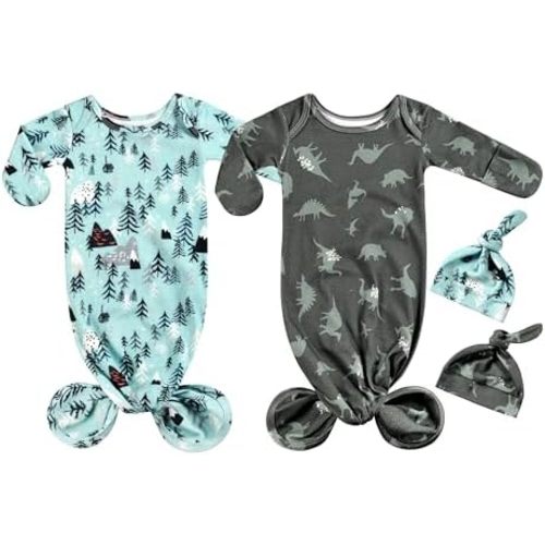 Newborn Baby Long Sleeve Sleeper Gown with Mittens Cotton Knotted Gown Nightgown Hat Set 2 Pieces
