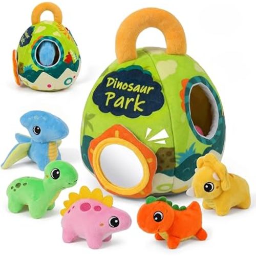 Dinosaur Plush Baby Toys 6-12 Months, Stuffed Animal Sensory Toys for Toddlers with Crinkle Rattle Squeak & Mirror, Newborn Boys Girls Infant 0-3-6-12 Month Shower Birthday Gifts