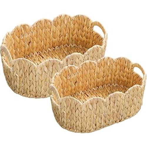 Scalloped Basket Set of 2,Water Hyacinth Basket for Organizing and Decor,Hand-Woven Wicker Storage Baskets with Built-In Handles for Nursery,Gift,Laundry