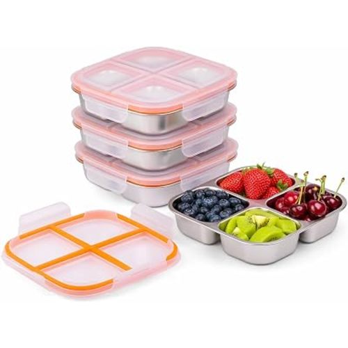 4 Pack Stainless Steel Snack Containers with Airtight Lids, 4 Compartment Food Storage Containers, Reusable Metal Meal Prep Lunch Boxes, Dishwasher Safe, Divided Plates for Adults (White)