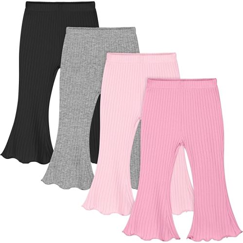 Resinta 4 Packs Baby Girl Flare Pants Solid Toddler Bell Bottoms Trousers Cotton Ribbed Ruffle Pants