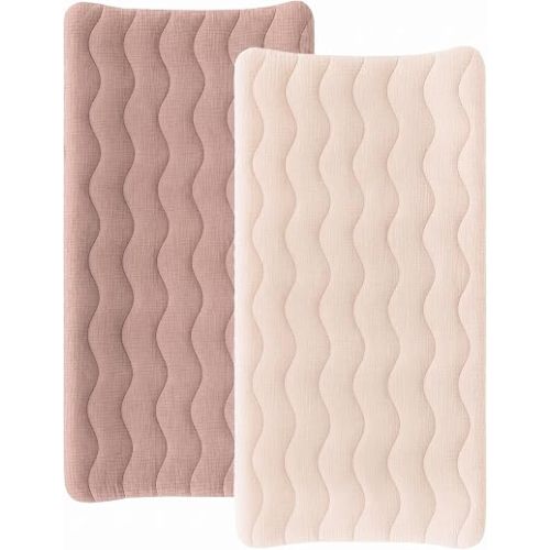Konssy 2 Pack Quilted Muslin Changing Pad Cover, Waterproof Layer 32" x 16"