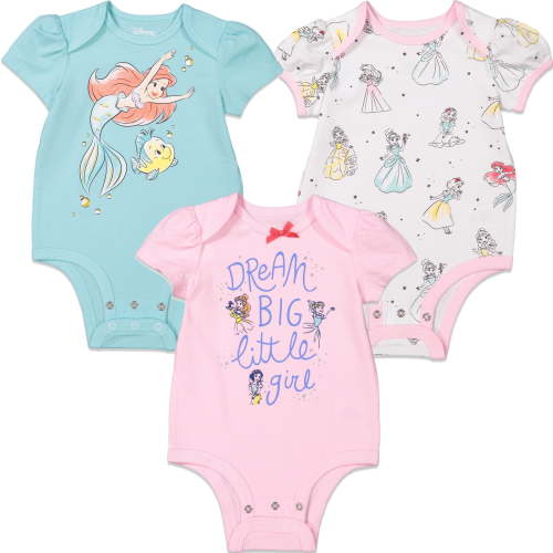 Disney Princess Snow White Belle Cinderella Infant Baby Girls 3 Pack Bodysuits Newborn to Infant