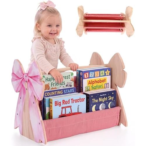 Mifoci Pink Bow Wood Kids Bookshelf 4 Tier Deep Fabric Sleeves