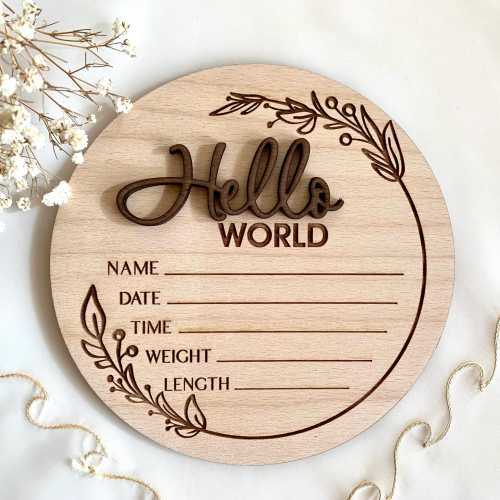 Hello World Baby Announcement Sign - Personalized Birth Stats Plaque - Custom Newborn Name Sign