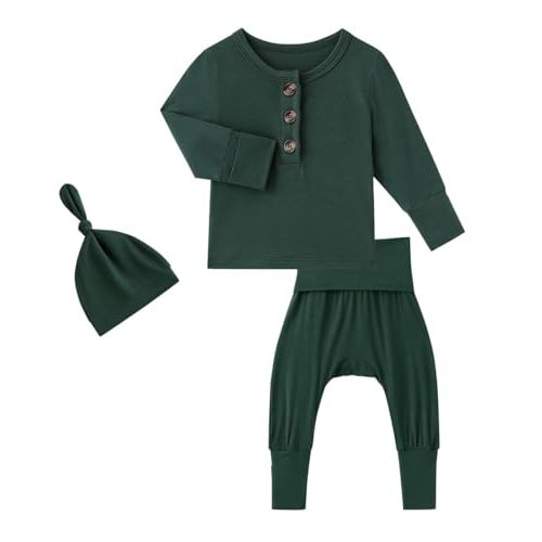 Newborn Baby Boys Girls Clothes Coming Home Outfit Bamboo Viscose Button Tops and Pants with Hat/Headbands Clothing Set