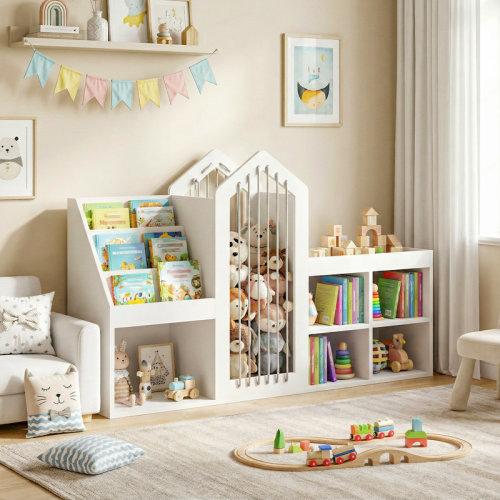 East Urban Home Kids Bookshelf & Toy Storage Organizer, Toy Cabinet With Stuffed Animal Storage & Elastic Cords, 4-tier Bookcase And 5 Compartments | Wayfair