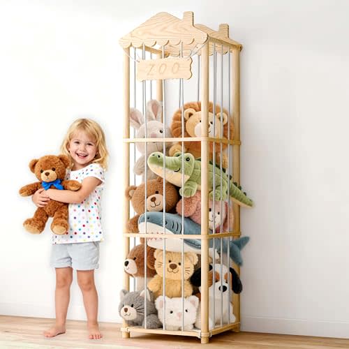 AMBIRD Stuffed Animal Storage, Wood Stuffed Animal Zoo Holder, Large Kids Toy Organizers, Plushies Storage for Boys Girls Bedroom, Playroom, Nursery (15.75 x 15.75 x 55 inch)