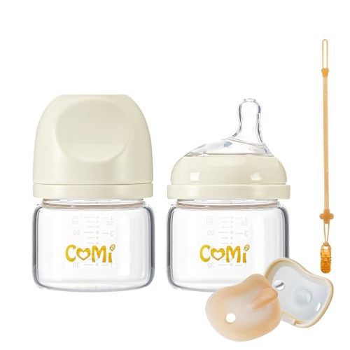 COMI Natural Glass Baby Bottles for Breastfeeding Babies,Newborn Anti-Colic Baby Bottle Set with Slow Flow Nipple,0-3 Months,BPA-Free,4 oz,2 Pack