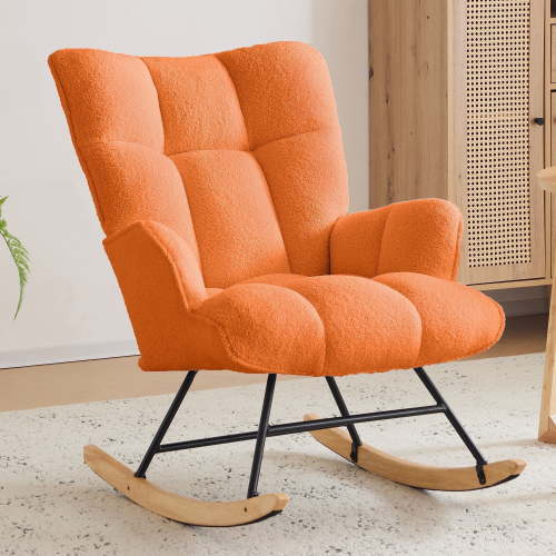 SAETSFEG Rocking Chair Nursery Teddy Upholstered Glider Rocker Rocking Accent Chair Padded Seat with High Backrest Armchair Comfy Side Chair for Living Room, Bedroom, Orange