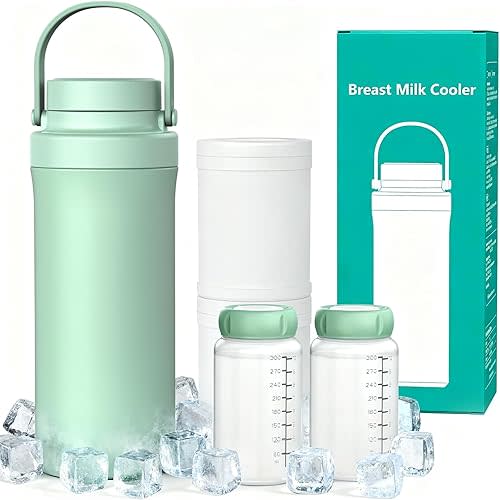 Portable Breast Milk Cooler Bottle, 360°Cooling Technology for 24 Hours, 600ml Larger Capacity Travel Breastmilk Chiller with 2pcs Baby Bottles, Portable Milk Cooler for Breastmilk, BPA-Free