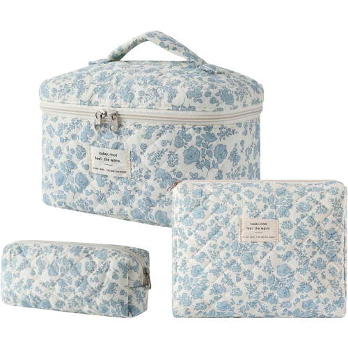 3PCS Large Travel Quilted Makeup Bag for Women, Floral Cotton Cosmetic Bag, Coquette Aesthetic Floral Toiletry Organizer Bag