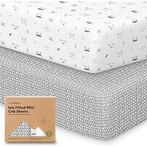 Pack and Play Sheets Fitted - 2-Pack Mini Crib Sheets for Pack N Play Mattress 38x26, Soft & Cozy, Neutral Toddler Playard Bedding, Snug Fitted Mini Baby Crib Mattress Cover Boy, Girl (Nordic)