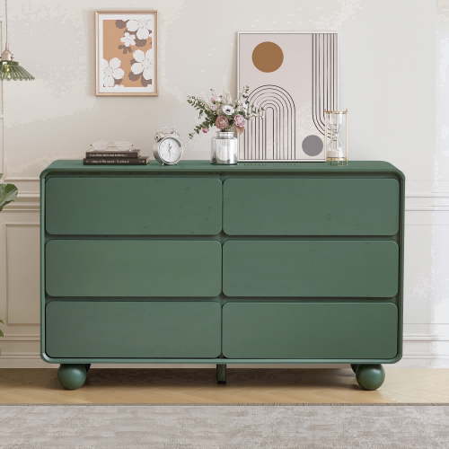 YOCWO 6 Drawer Dresser for Bedroom, Mid Century Chest of Drawers with Arc Edge and Round Leg, Wood Storage Large Dresser Organizer for Bedroom Living Room Hallway Closet, Green
