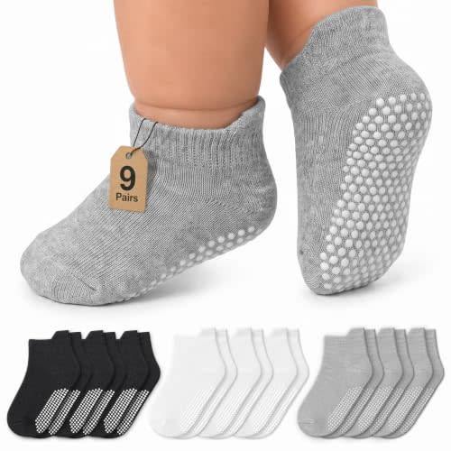 Infinno Baby Non Slip Ankle Socks 9 Pairs - Toddler Socks with Grips for Kids, Infants Boys and Girls 6-24 Months, 1T-7T