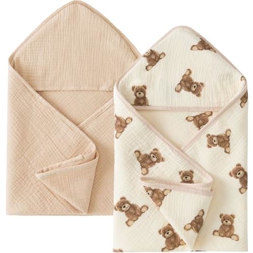 Little Jump Hooded Baby Towels for Newborn - 2 Pack 100% Cotton Muslin Baby Bath Towel, Soft and Absorbent for Boys Girls Infant, Large 32x32 Inches (Teddy Bears & Khaki)