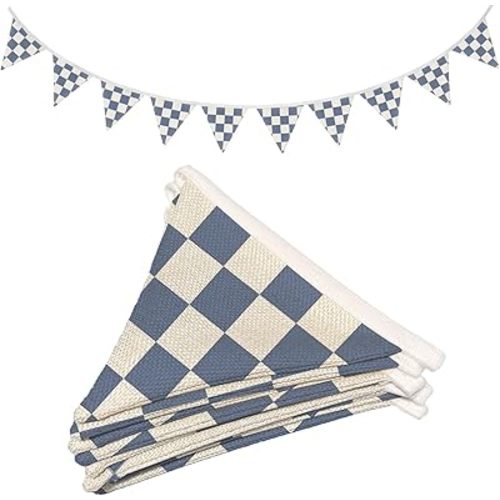 Boys Room Wall Art Decor,Cars Room Decor for Toddler Nursery Playroom,Blue and White Checkered Garland Triangle Banners,Racing Flags 11Ft Bunting Flags Fabric for Baby Shower Birthday Party