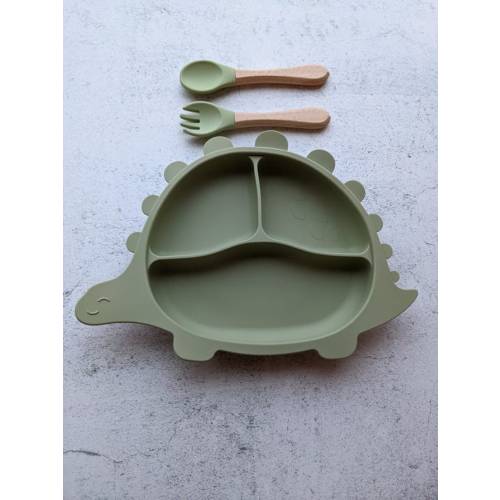 Dinosaur Suction Cup Bottom Plate with Fork and Spoon Set, Mustard Yellow